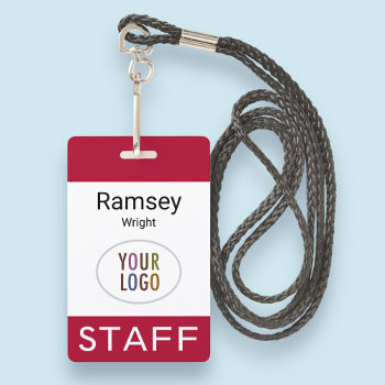 Staff Name Badge With Lanyard Custom Logo Red by MISOOK at Zazzle