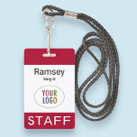 Staff Name Badge with Lanyard Custom Logo Red<br><div class="desc">Personalize our professional staff lanyard badge with your company logo, employee name, or other custom text. It's pvc plastic and available with a lanyard, clip, or a retractable reel. This is a dark red name badge with a modern minimalist design. You can easily customize the colors, fonts, and design. No...</div>