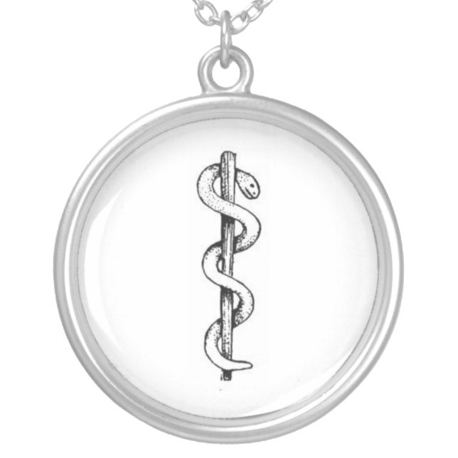 Staff of Asclepius Silver Plated Necklace (Front)