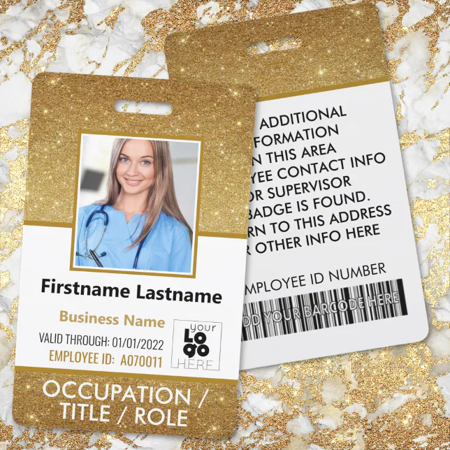 Staff Photo ID Barcode Logo 14K Gold Glitter Badge | Zazzle