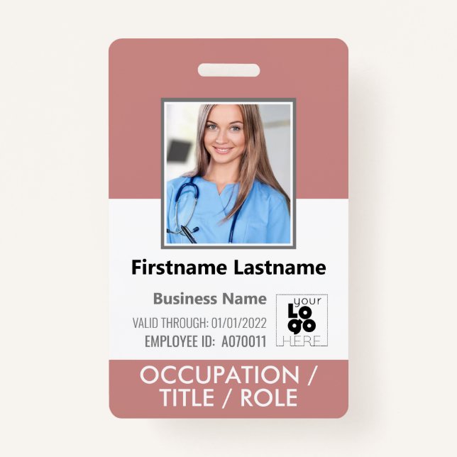 Staff Photo ID Barcode Logo Dusty Rose Pink Name Badge (Front)