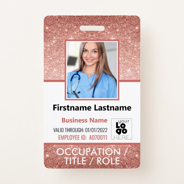 Staff Photo ID Barcode Logo Rose Gold Glitter Name Badge