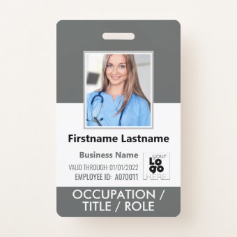 Staff Photo ID Card Barcode Logo Dark Grey Name Badge | Zazzle