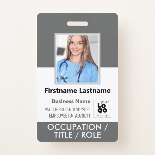 Staff Photo ID Card Barcode Logo Dark Grey Name Badge | Zazzle