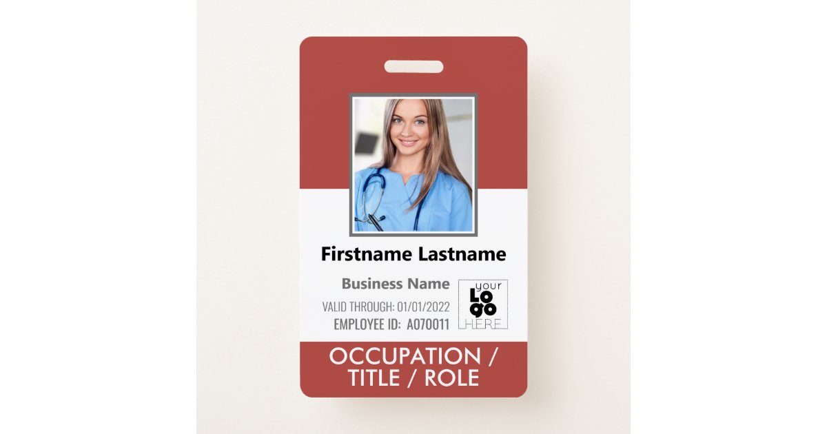Staff Photo ID Card Barcode Logo Rectory Red Name Badge | Zazzle
