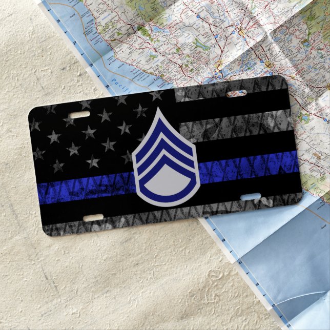 Staff Sergeant Thin Blue Line Distressed Flag License Plate (In Situ)