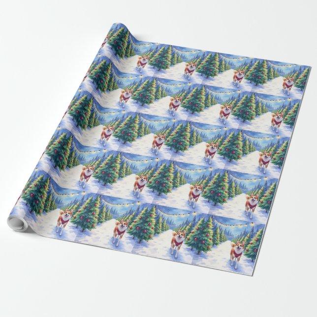 Staffordshire Bull Terrier at Christmas Tree Farm  Wrapping Paper (Unrolled)