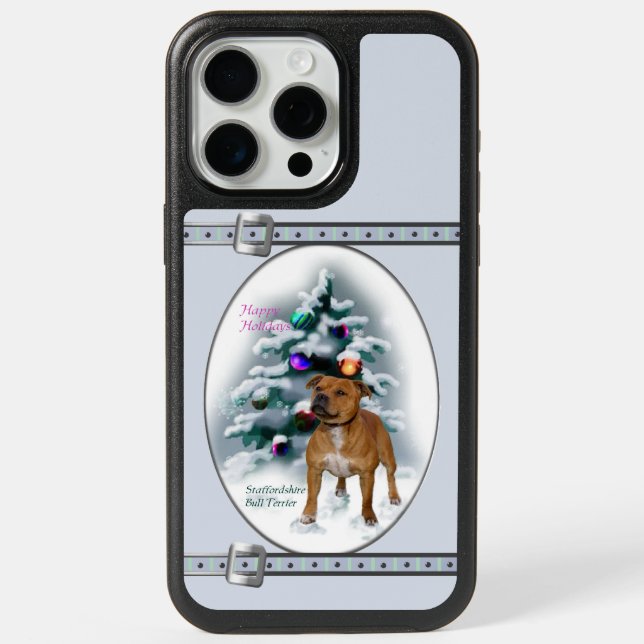 Staffordshire Bull Terrier Blue Christmas Holidays iPhone 15 Pro Max Case (Back)