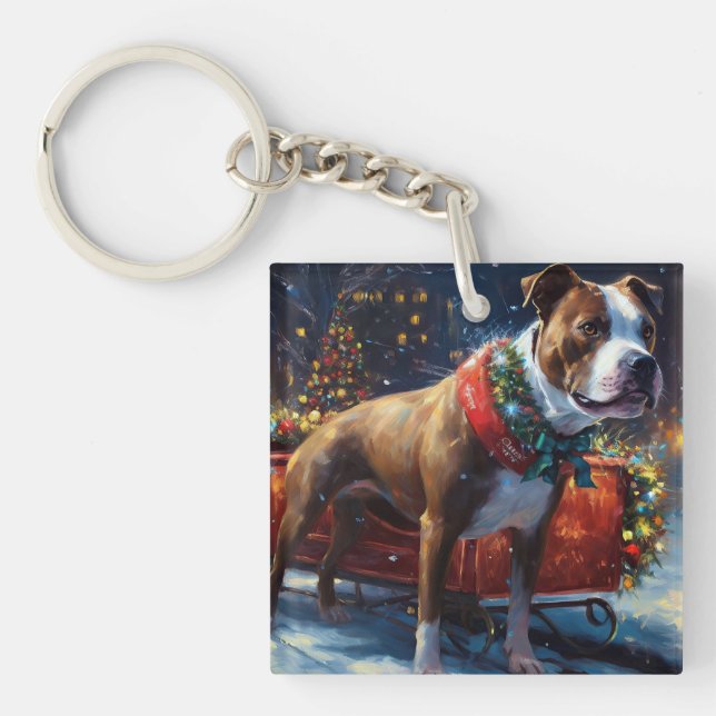 Staffordshire Bull Terrier Christmas Festive Keychain (Front)
