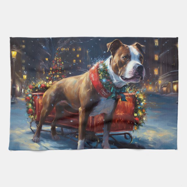 Staffordshire Bull Terrier Christmas Festive Kitchen Towel (Horizontal)