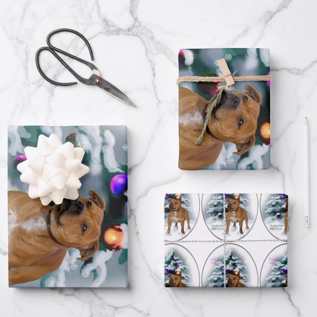 Staffordshire Bull Terrier Christmas Wrapping Paper Sheets (Front)