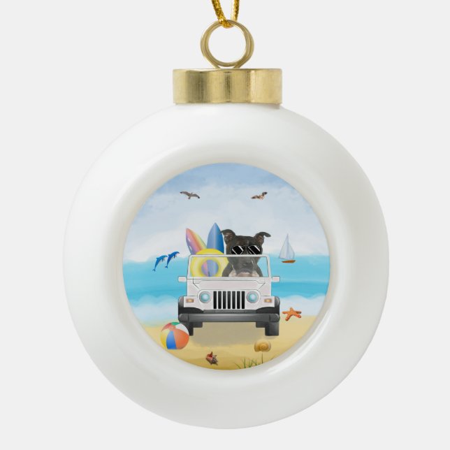 staffordshire bull terrier Dog Driving on Beach  Ceramic Ball Christmas Ornament (Front)