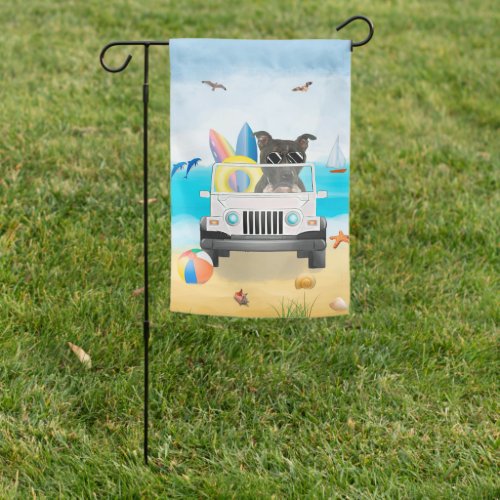 Staffordshire Bull Terrier Dog Driving on Beach  Garden Flag