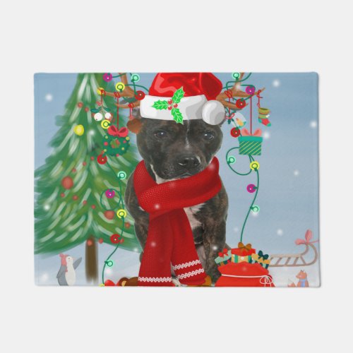 Staffordshire Bull Terrier Dog in Snow Christmas  Doormat