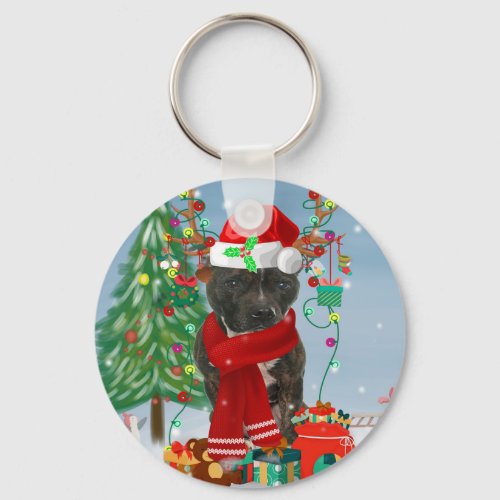 Staffordshire Bull Terrier Dog in Snow Christmas Keychain