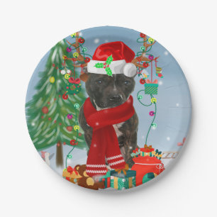 Staffordshire Bull Terrier Dog in Snow Christmas Paper Plates