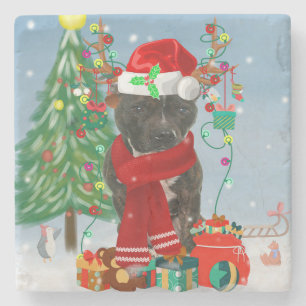 Staffordshire Bull Terrier Dog in Snow Christmas Stone Coaster