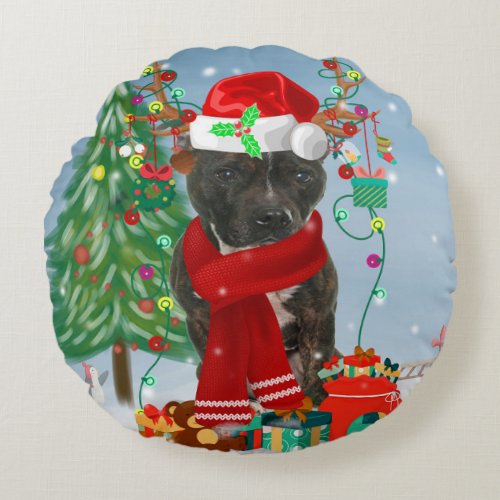 Staffordshire Bull Terrier Dog in Snow Christmas T Round Pillow