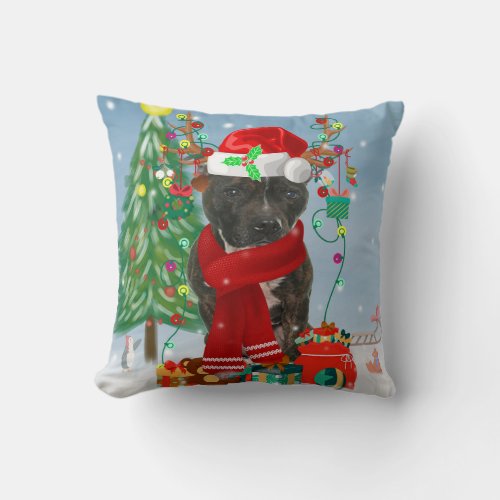 Staffordshire Bull Terrier Dog in Snow Christmas Throw Pillow