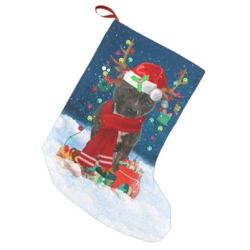 Staffordshire Bull Terrier dog with Christmas gift Small Christmas Stocking