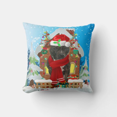 Staffordshire Bull Terrier dog with Christmas gift Throw Pillow