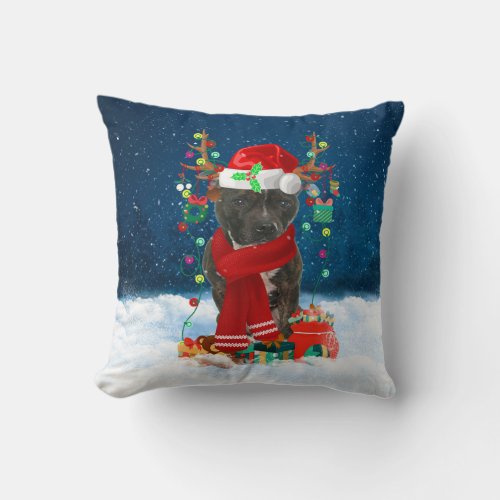 Staffordshire Bull Terrier dog with Christmas gift Throw Pillow