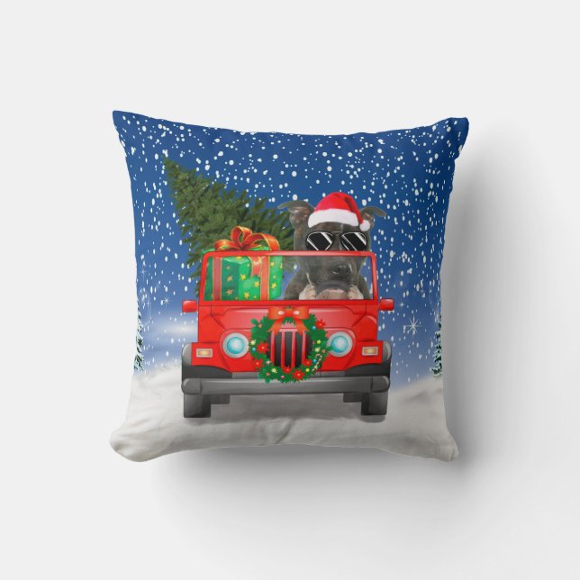 Staffordshire Bull Terrier dog with Christmas gift Throw Pillow (Front)