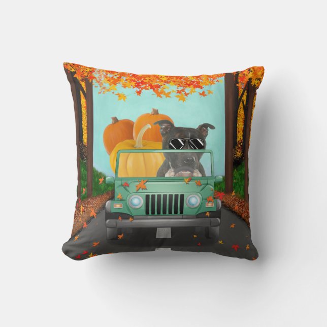 Staffordshire Bull Terrier Fall Pumpkin Throw Pillow (Front)