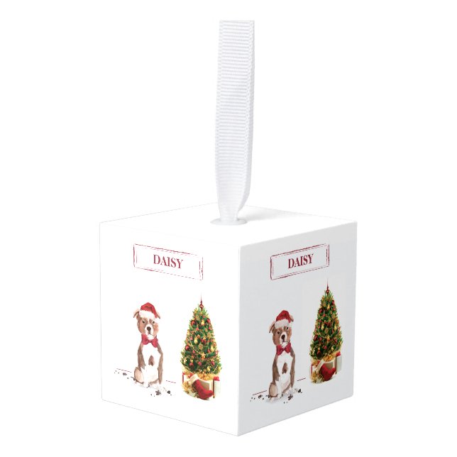Staffordshire Bull Terrier Funny Christmas Dog  Cube Ornament (Front Angled)