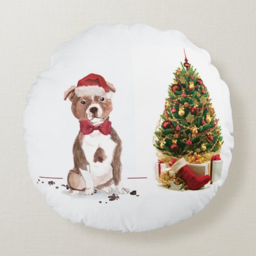 Staffordshire Bull Terrier Funny Christmas Dog Round Pillow
