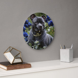 Staffordshire Bull Terrier In Blue Rose Garden,  Large Clock