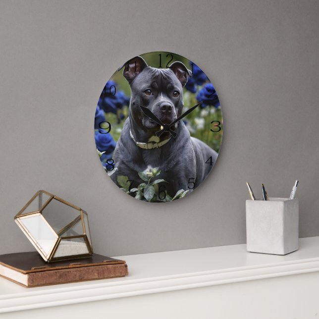 Staffordshire Bull Terrier In Blue Rose Garden,  Large Clock (Office)