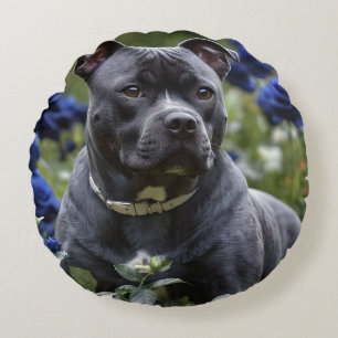 Staffordshire Bull Terrier In Blue Rose Garden, Round Pillow