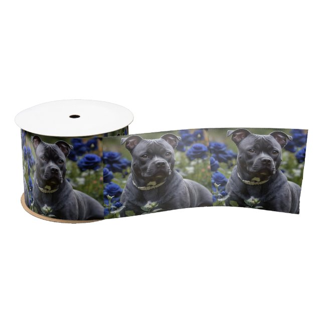 Staffordshire Bull Terrier In Blue Rose Garden,  Satin Ribbon (Spool)