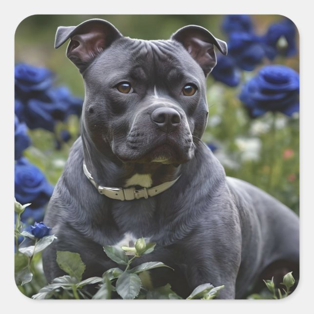Staffordshire Bull Terrier In Blue Rose Garden, Square Sticker (Front)
