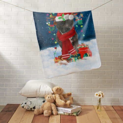 Staffordshire Bull Terrier in Snow with Christmas  Baby Blanket