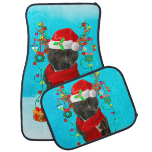 Staffordshire Bull Terrier in snow with Christmas Car Floor Mat