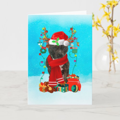 Staffordshire Bull Terrier in snow with Christmas  Card