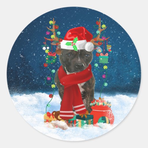 Staffordshire Bull Terrier in Snow with Christmas  Classic Round Sticker
