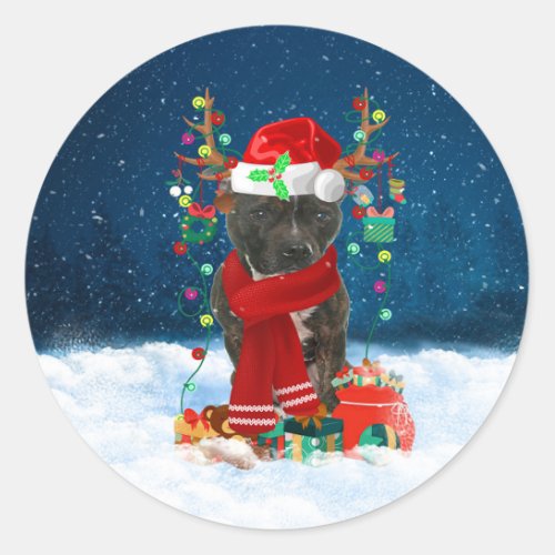 Staffordshire Bull Terrier in Snow with Christmas  Classic Round Sticker