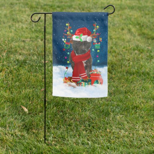 Staffordshire Bull Terrier in Snow with Christmas Garden Flag