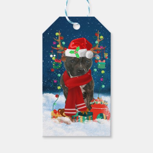 Staffordshire Bull Terrier in Snow with Christmas  Gift Tags