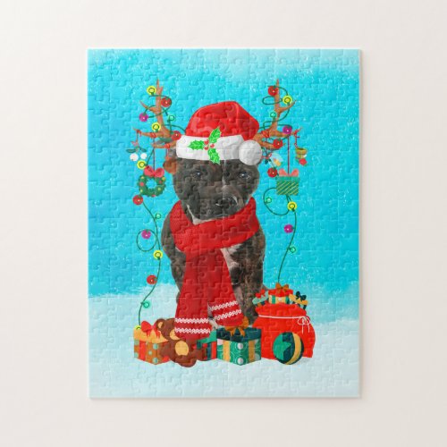 Staffordshire Bull Terrier in snow with Christmas  Jigsaw Puzzle