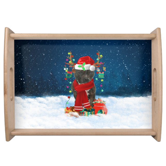 Staffordshire Bull Terrier in Snow with Christmas  Serving Tray (Front)