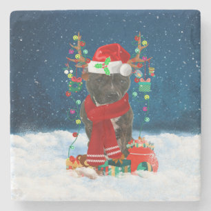 Staffordshire Bull Terrier in Snow with Christmas Stone Coaster
