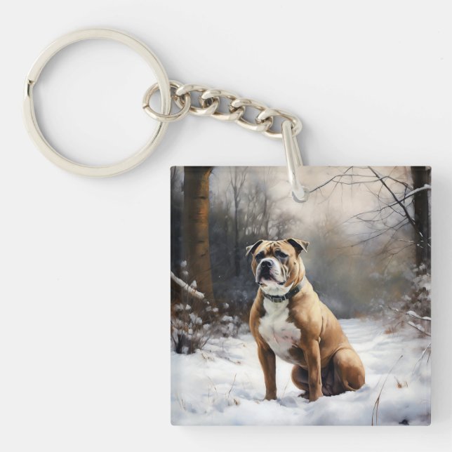 Staffordshire Bull Terrier Let It Snow Christmas Keychain (Front)