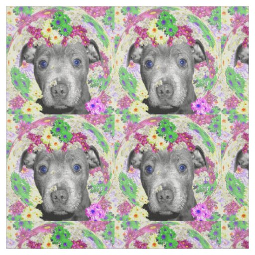 Staffordshire Bull Terrier Puppy And Flowers, Fabric