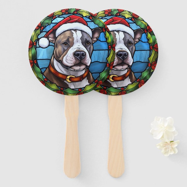 Staffordshire Bull Terrier Stained Glass Christmas Hand Fan (Front and Back)