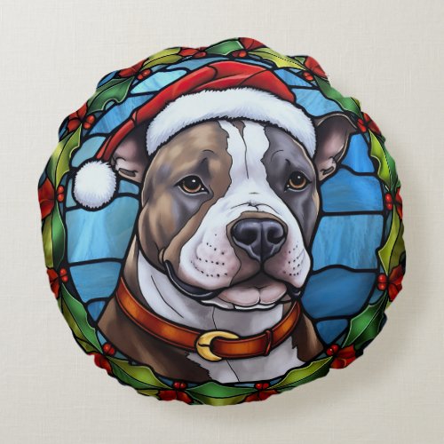 Staffordshire Bull Terrier Stained Glass Christmas Round Pillow