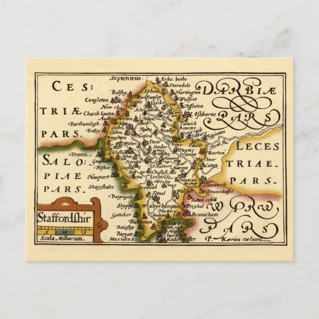 Staffordshire County England Old Antiquarian Map Postcard (Front)